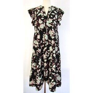 THML Boutique Black Mint Floral Tiered Midi Dress Flutter Sleeve Pink Women M